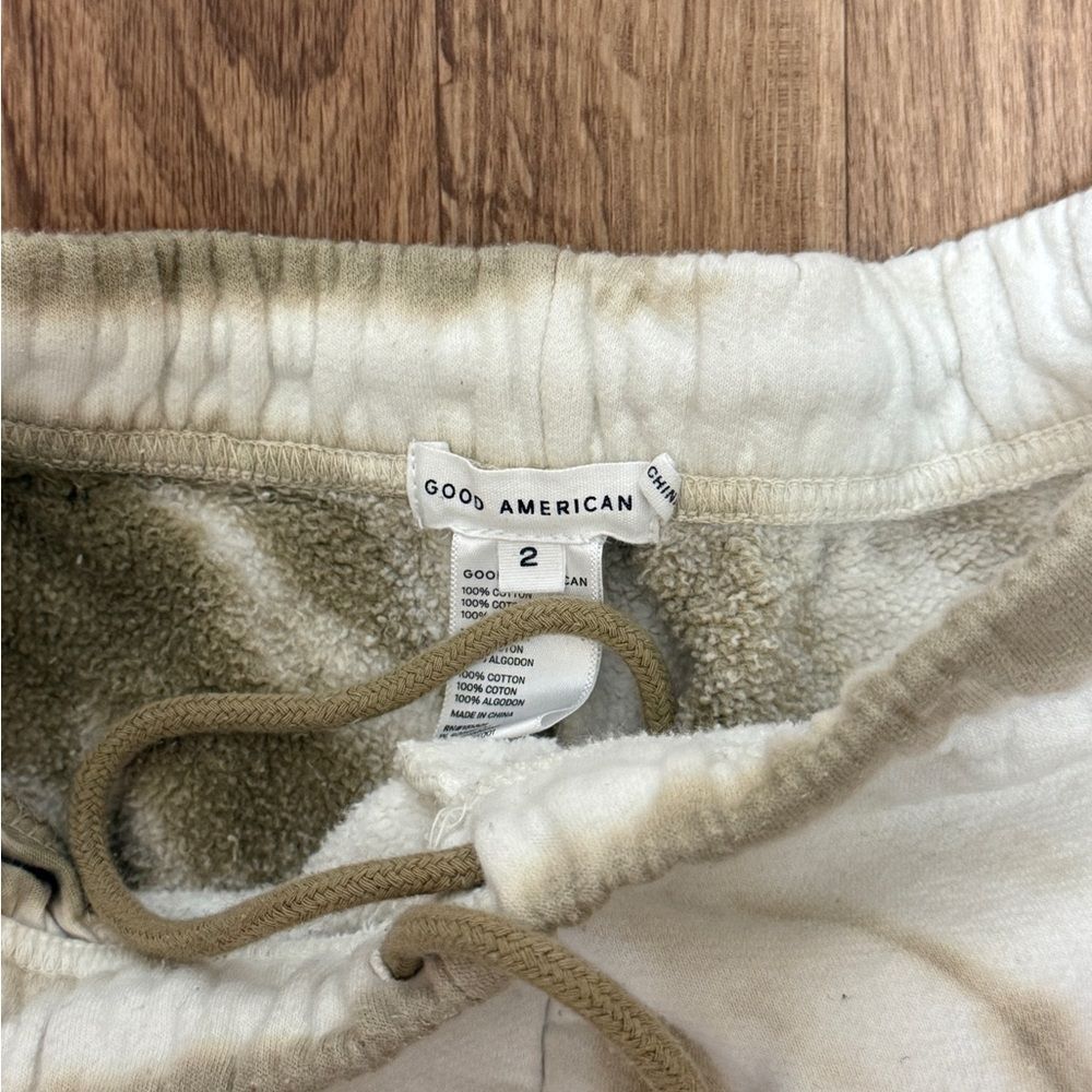 Good American Tie Dye Sweat Shorts Olive Green Cream Cotton French Terry Medium - Picture 2 of 3